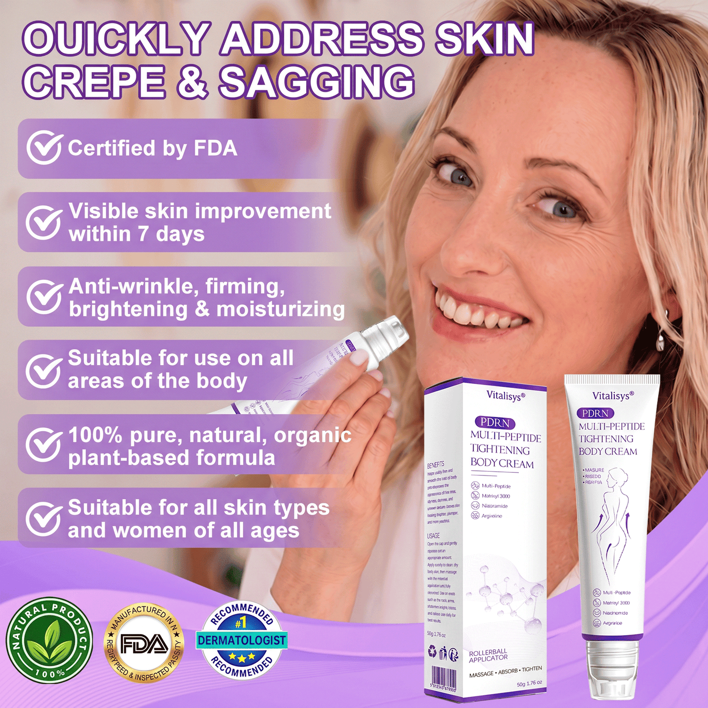 FDA Official ✅ : Vitalisys® PDRN Multi-Peptide Massaging Body Roller Cream ✨ - Anti-aging, Hydrating, Skin Firming & Lifting, Skin Repair, Even Tone, Acne and Dark Spot Treatment, Wart and Mole Removal, and Psoriasis Relief 💕