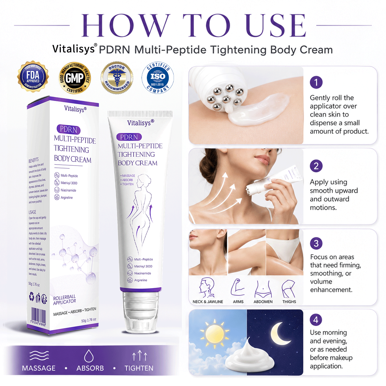 FDA Official ✅ : Vitalisys® PDRN Multi-Peptide Massaging Body Roller Cream ✨ - Anti-aging, Hydrating, Skin Firming & Lifting, Skin Repair, Even Tone, Acne and Dark Spot Treatment, Wart and Mole Removal, and Psoriasis Relief 💕