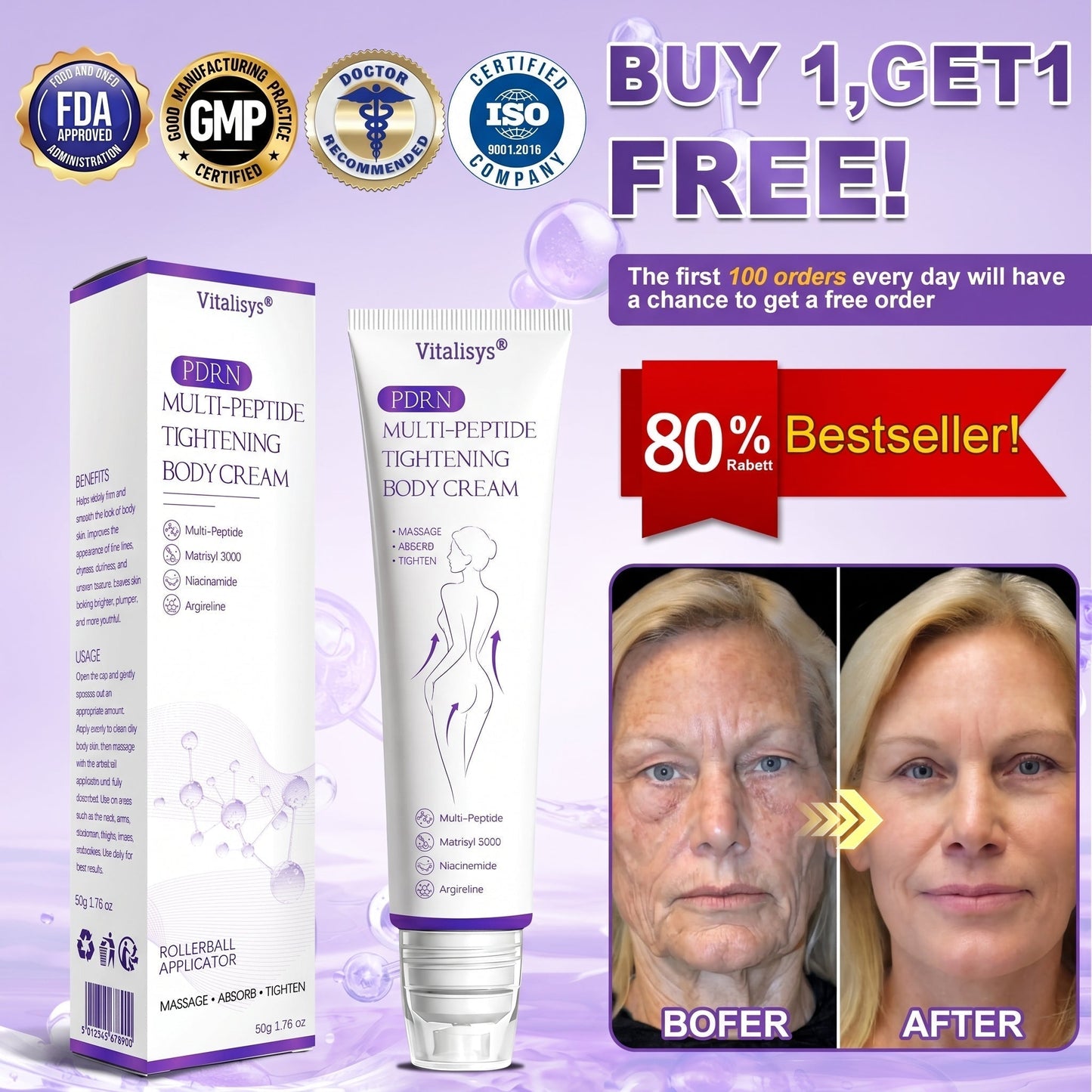 FDA Official ✅ : Vitalisys® PDRN Multi-Peptide Massaging Body Roller Cream ✨ - Anti-aging, Hydrating, Skin Firming & Lifting, Skin Repair, Even Tone, Acne and Dark Spot Treatment, Wart and Mole Removal, and Psoriasis Relief 💕